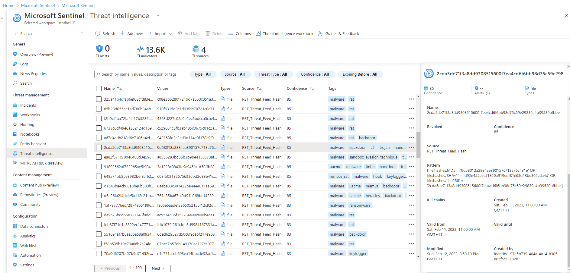 RST Threat Feed in Microsoft Sentinel Data Connector as STIX