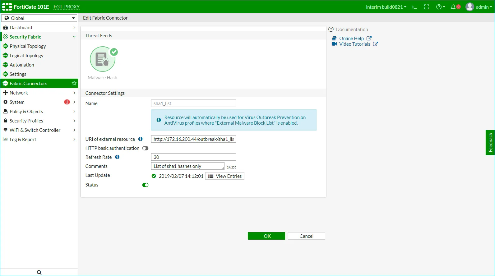 FortiGate Fabric Connector settings for integrating third-party threat intel feeds
