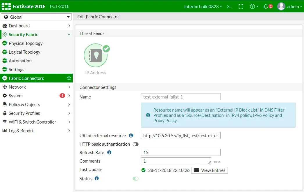 FortiGate Fabric Connector for integrating third-party threat intel feeds