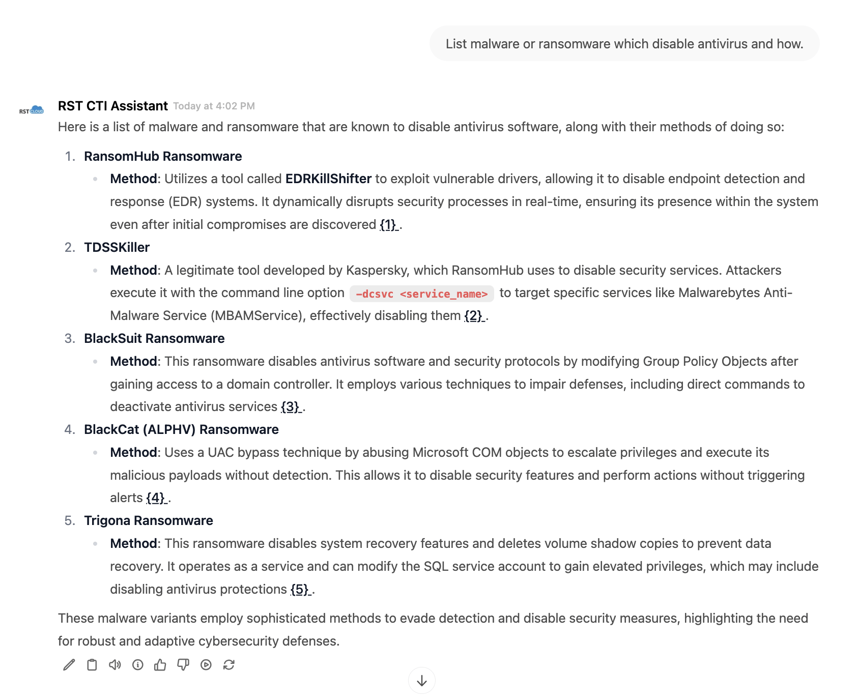 RST CTI Assistant-example Q on malware